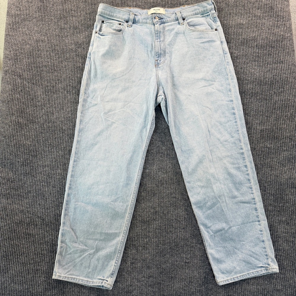 Hollister Mens Baggy Jeans 38x32 Light Wash Blue Denim Relaxed Fit